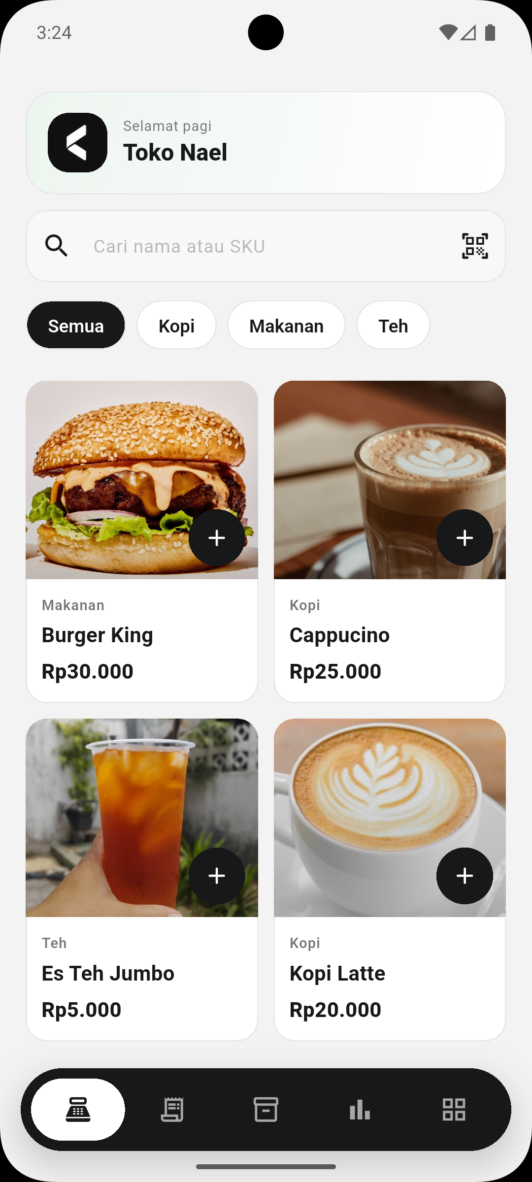 Tampilan kasir mobile aplikasi Kassa